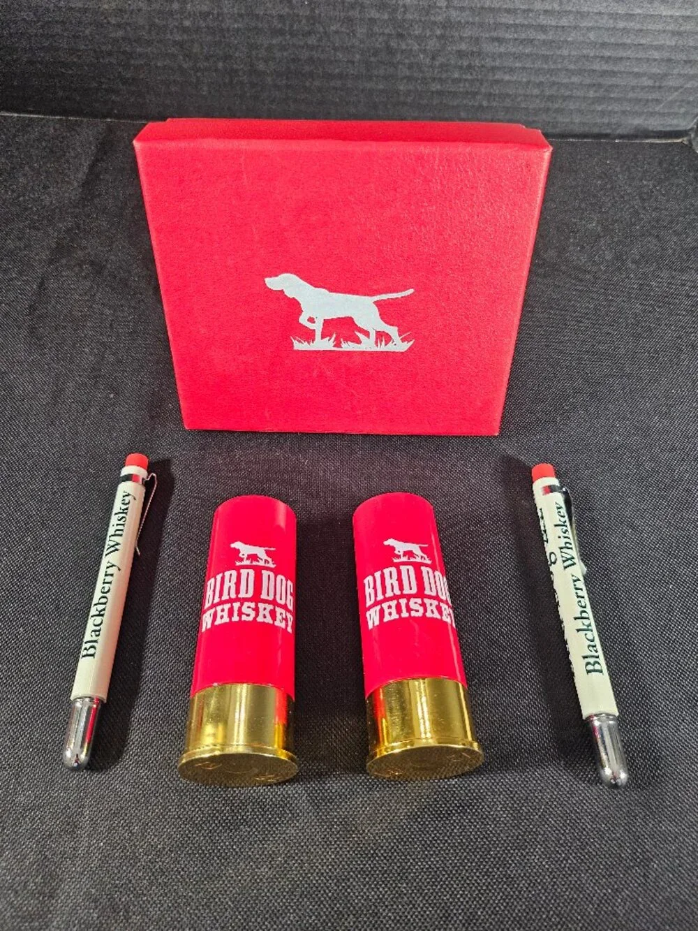 Rare Bird Dog Whiskey Promotion Set 2 Shotgun Shell Shot Glasses 2 Pins Gift Box